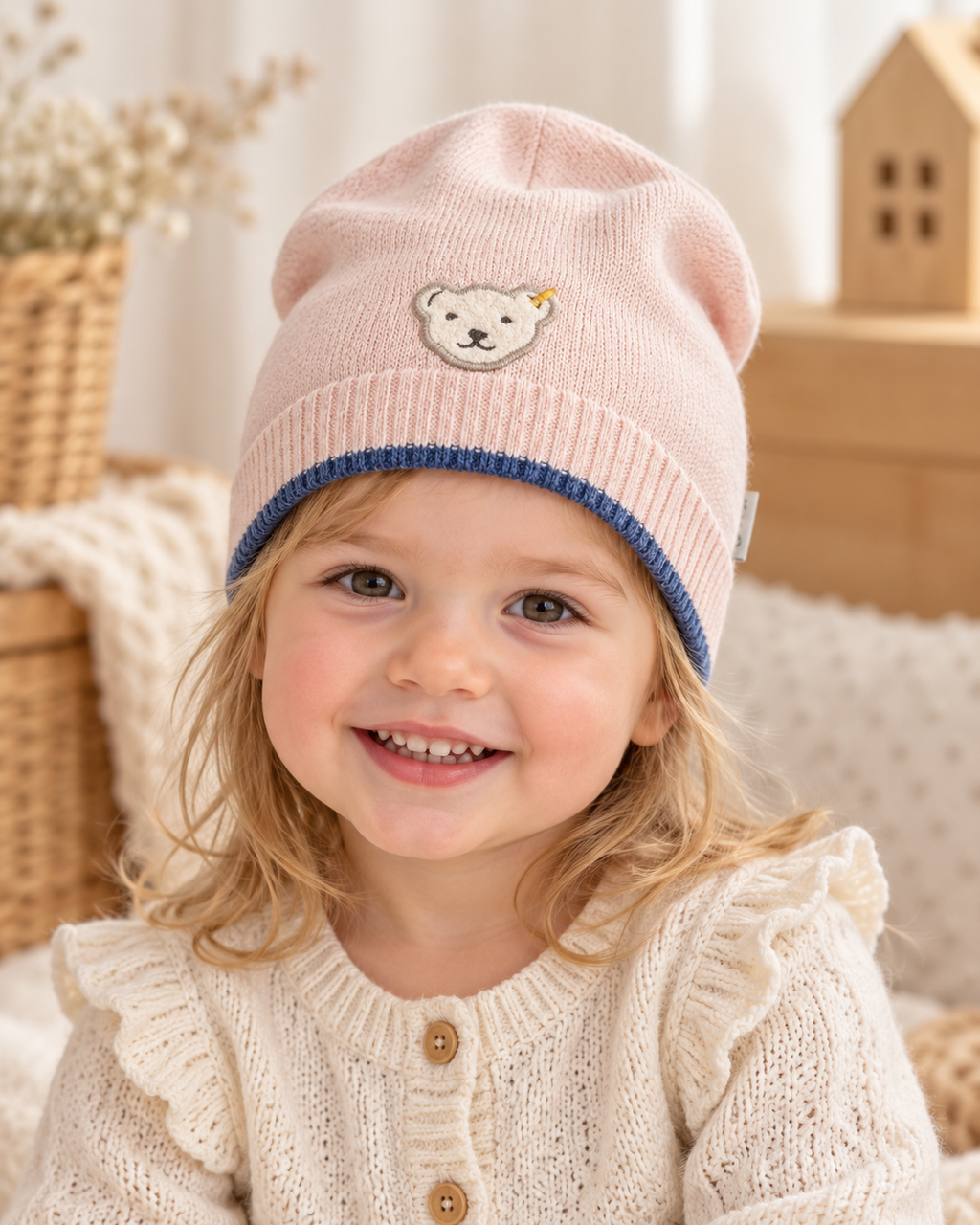 Steiff Strickmütze rosa mit Teddy-Applikation | Gr. 51 / 2–3 Jahre