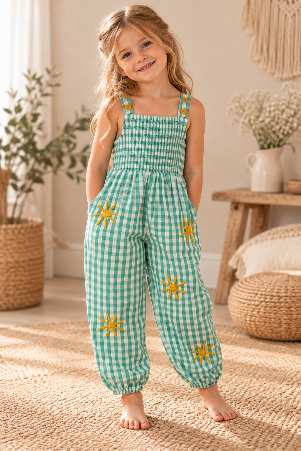 NEXT Mädchen Jumpsuit mit Sonnenblumen & Karomuster | Gr. 116