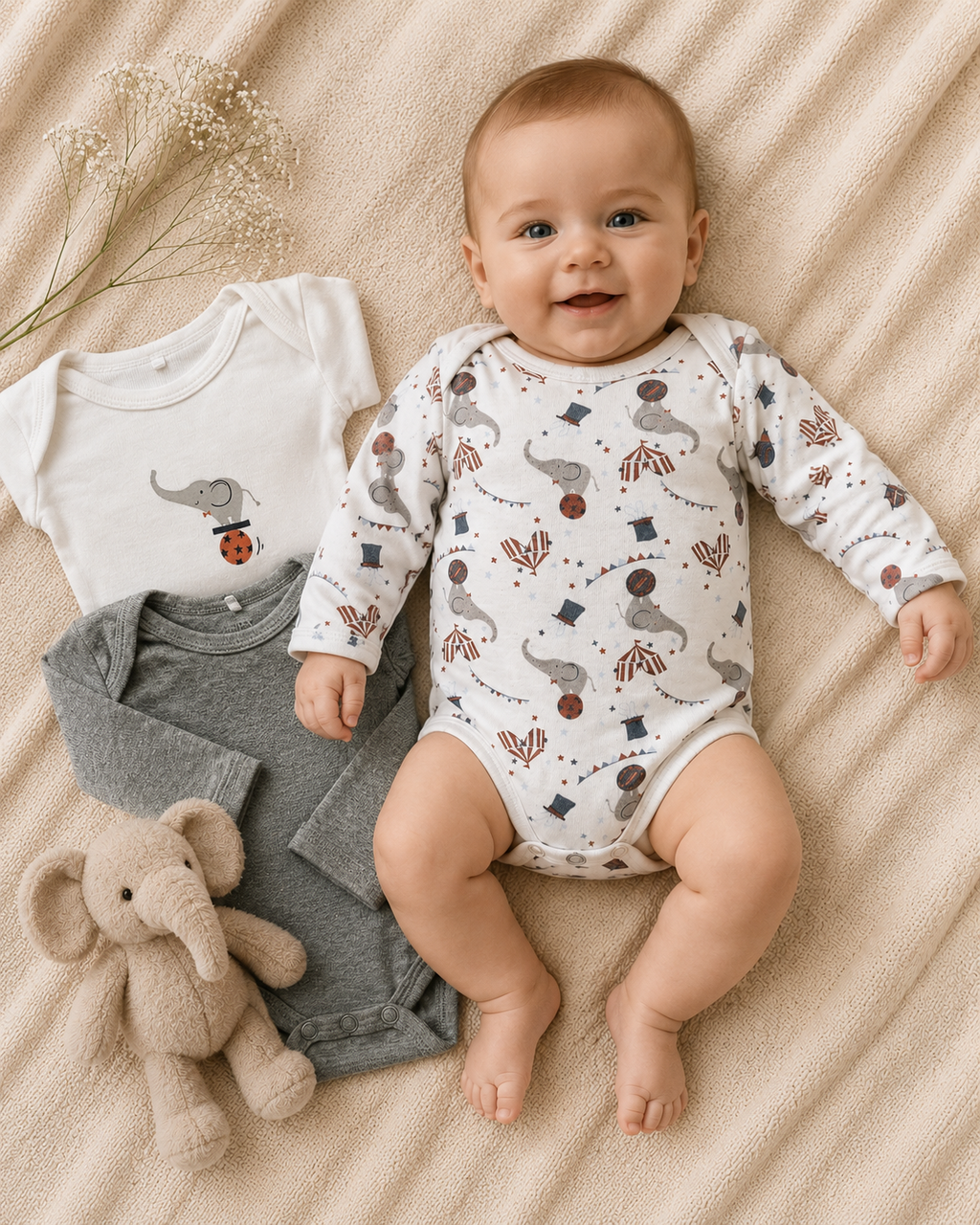 Name It 3er-Set Langarmbodys – Zirkus & Elefant 🎪 | Gr. 50